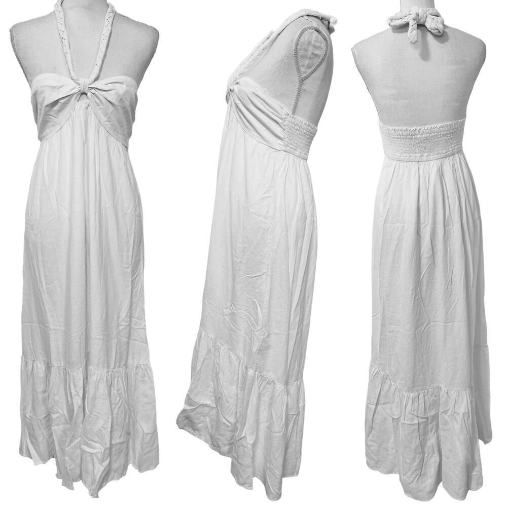 Aerie Linen Blend Braided Halter Dress Size M White Beachy High‎ Low NWT